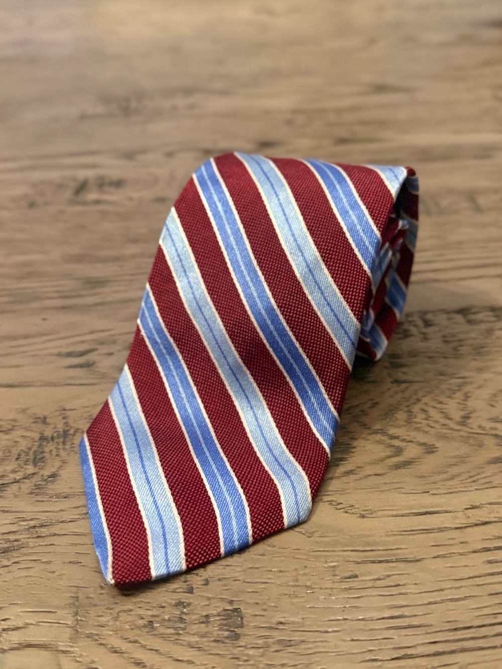 Brooks Brothers Burgundy Tie with Light Blue and White Stripes